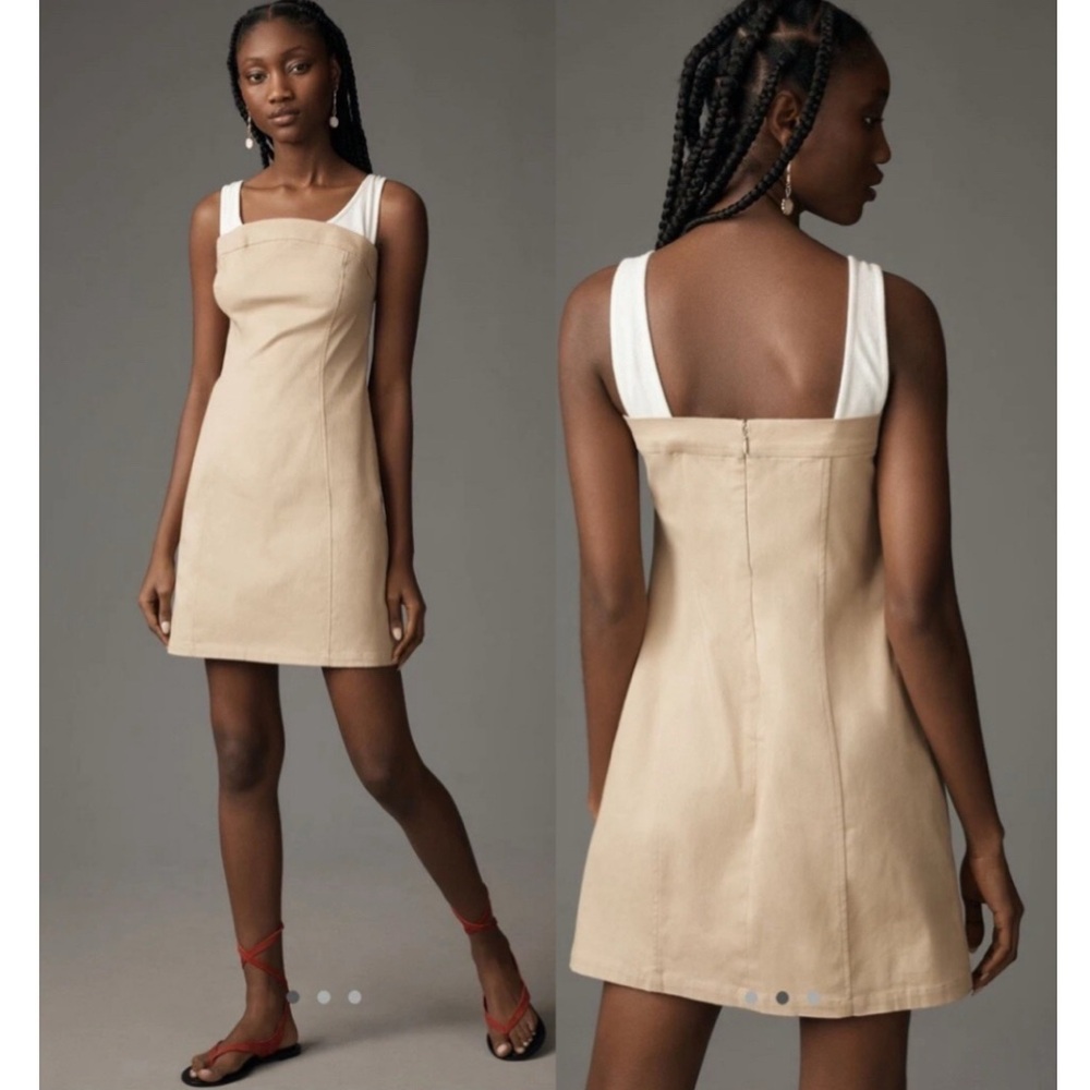 by Anthropologie Maeve Sleeveless Twofer Mini Dress Khaki White Tank New NWT